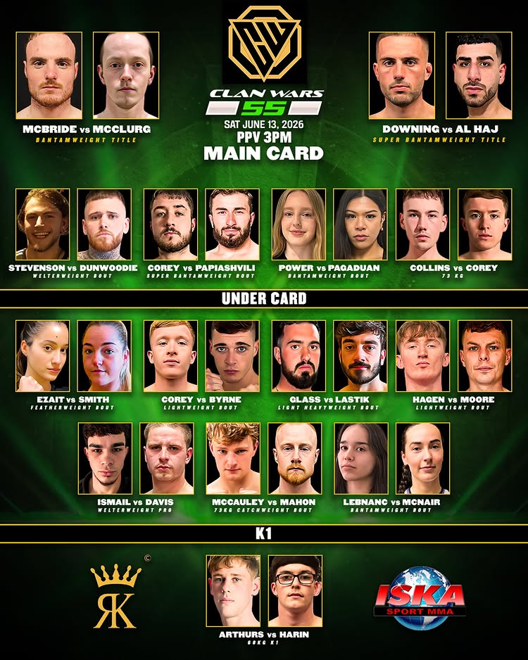 Clan Wars 55 fight night complete and ready for this Saturday at the Theatre at the Mill , Newtownabbey!