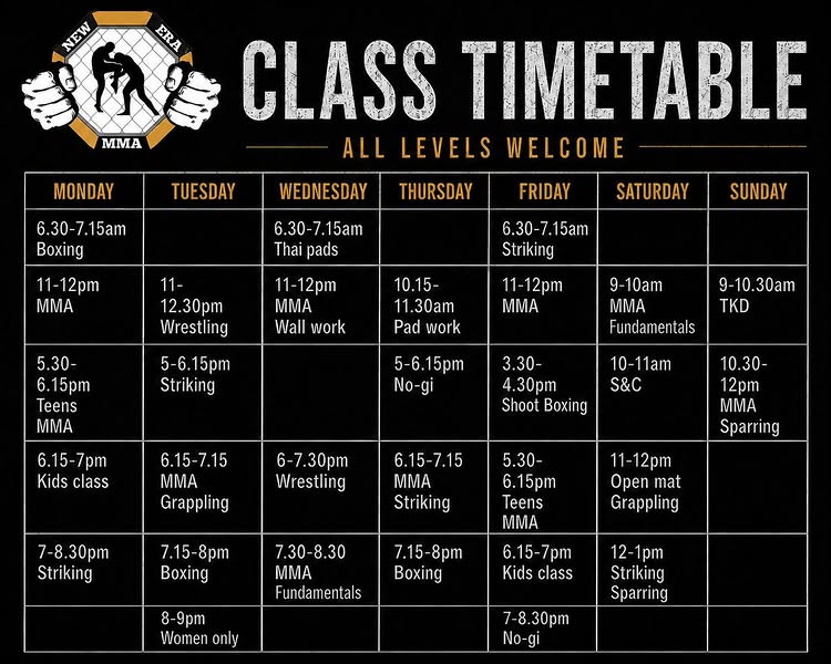 Check out our updated timetable we have something for everyone drop us a DM to get started ⬛️🟨
