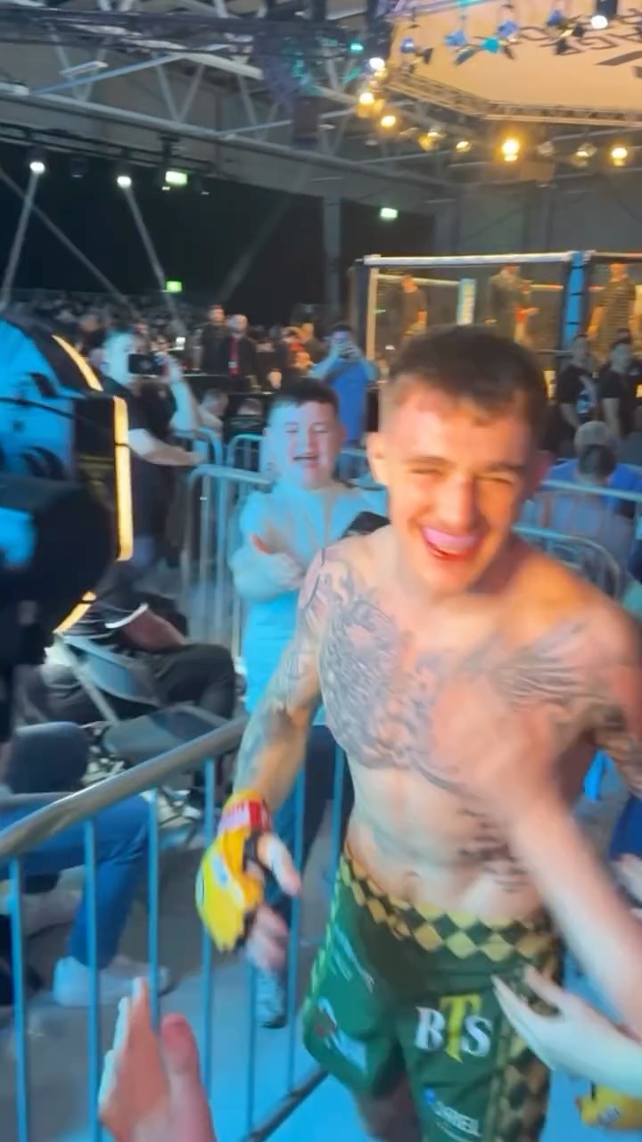 @maximuslally ( @sbgcharlestown ) celebrates his win at @cagewarriors 210 Dublin 🦍