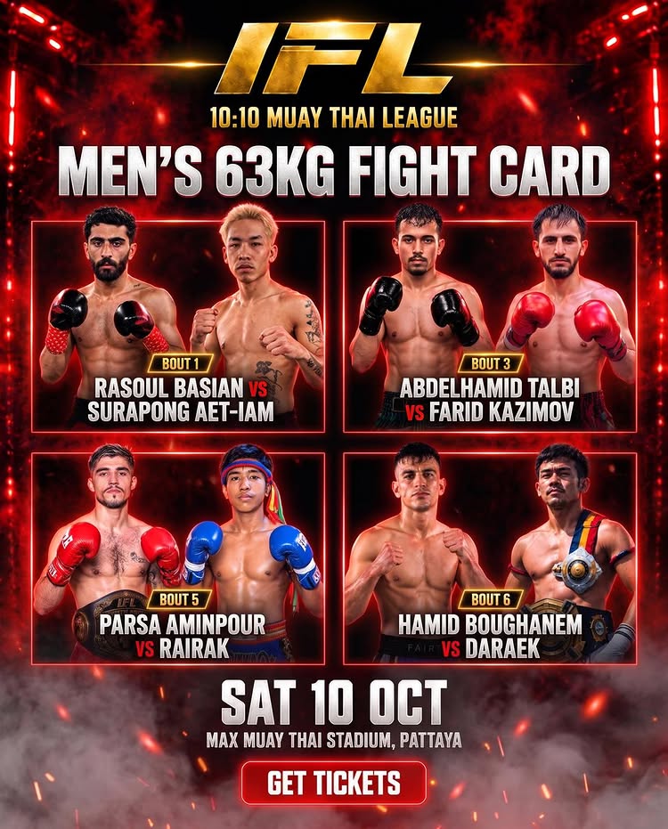 The men's 63kg fight card is set. 8 fighters. 4 bouts. One night in Pattaya. 🥊